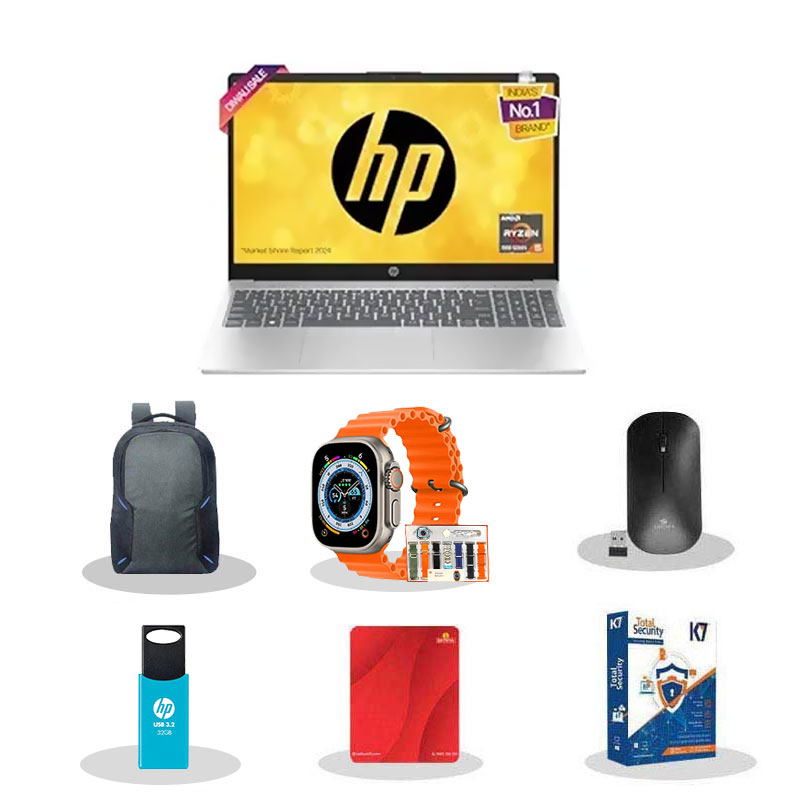 Picture of HP 15 - AMD Ryzen 5 7535HS 15.6" (39.6 cm) 15-fc1004AU Thin & Light Laptop (8GB/ 512GB SSD/ Full HD Display/ AMD Radeon Graphics/ Enhanced by AI/ Privacy Shutter/ Backlit KB/ Windows 11 Home/ MS Office/ 1Year Warranty/ Natural Silver/ 1.59Kg) with Smart Watch (7-in-1 Strap) + Laptop Bag + Wireless Mouse + Mouse Pad + Pendrive + K7 Antivirus Single User